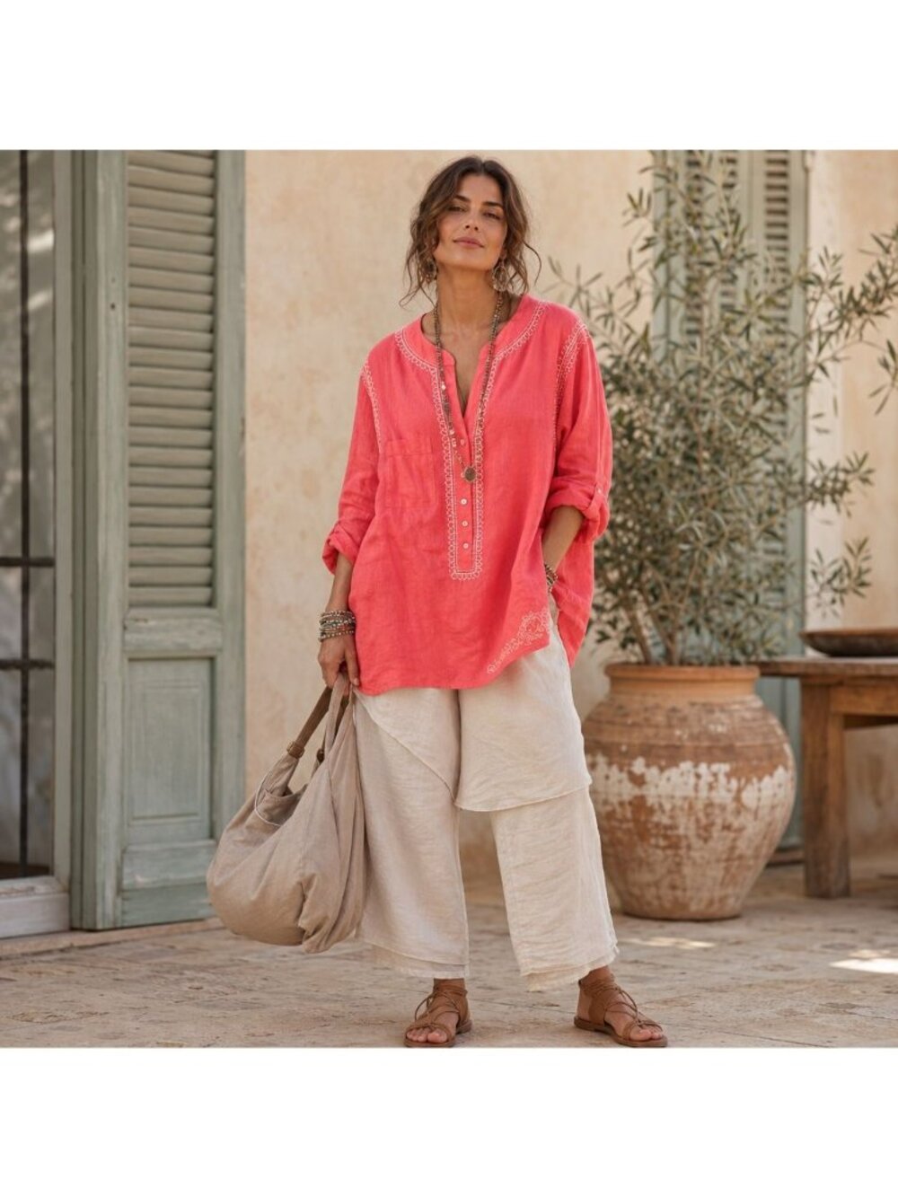 Intro Coral Embroidered Tunic Top Casual Elegance women L Cotton Resort Travel